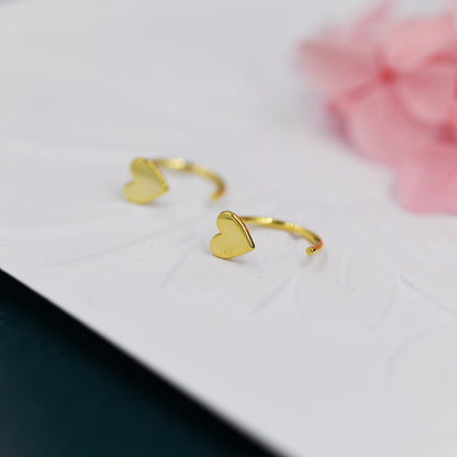 Tiny Heart Huggie Hoop Earrings in Sterling Silver, Silver, Gold or Rose Gold, Dainty Little Heart Open Threader, Threader Hoop Earrings