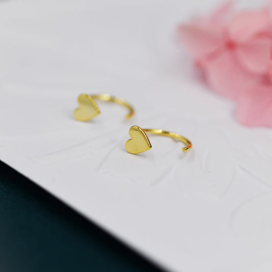 Tiny Heart Huggie Hoop Earrings in Sterling Silver, Silver, Gold or Rose Gold, Dainty Little Heart Open Threader, Threader Hoop Earrings