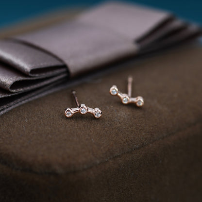 Sterling Silver Three Dot Stud Earrings, CZ Trio Constellation Design, Rose Gold Coated Silver, Dainty and Delicate Tiny Jewellery