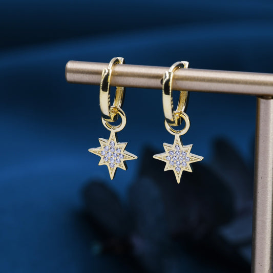 Starburst Charm Huggie Hoop Earrings in Sterling Silver with Detachable Star Burst Charms, North Star Celestial Geometric Design