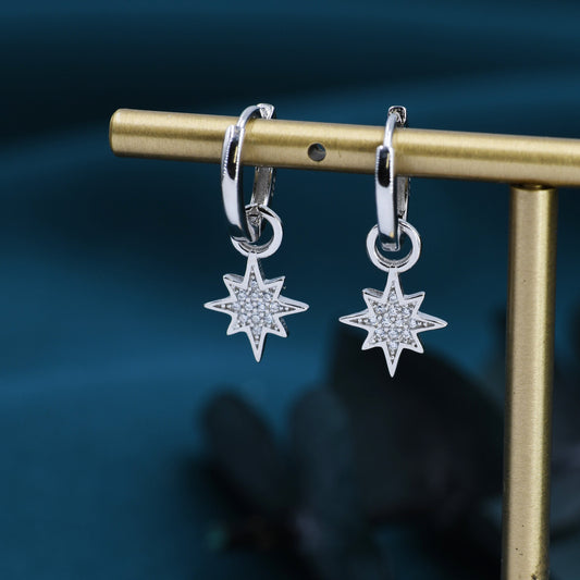 Starburst Charm Huggie Hoop Earrings in Sterling Silver with Detachable Star Burst Charms, North Star Celestial Geometric Design