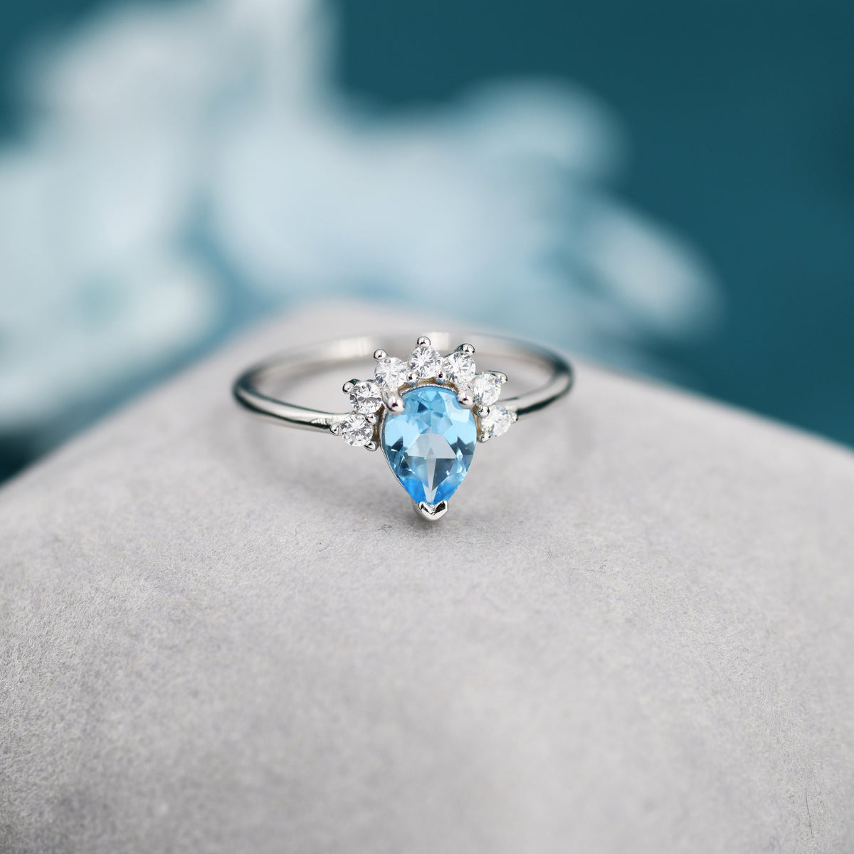 Genuine Pear Cut Sky Blue Topaz Crown Ring in Sterling Silver, Natural Blue Topaz Crystal Ring, Vintage Inspired Design, US 5 - 8