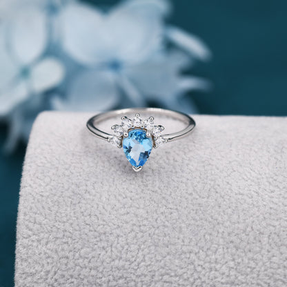 Genuine Pear Cut Sky Blue Topaz Crown Ring in Sterling Silver, Natural Blue Topaz Crystal Ring, Vintage Inspired Design, US 5 - 8