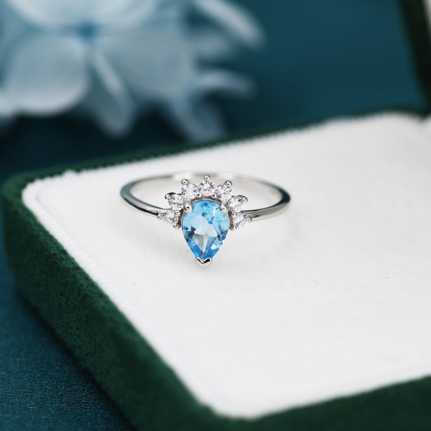 Genuine Pear Cut Swiss Blue Topaz Crown Ring in Sterling Silver, Natural Blue Topaz Crystal Ring, Vintage Inspired Design, US 5 - 8