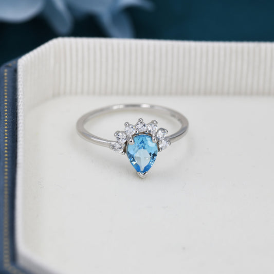 Genuine Pear Cut Swiss Blue Topaz Crown Ring in Sterling Silver, Natural Blue Topaz Crystal Ring, Vintage Inspired Design, US 5 - 8