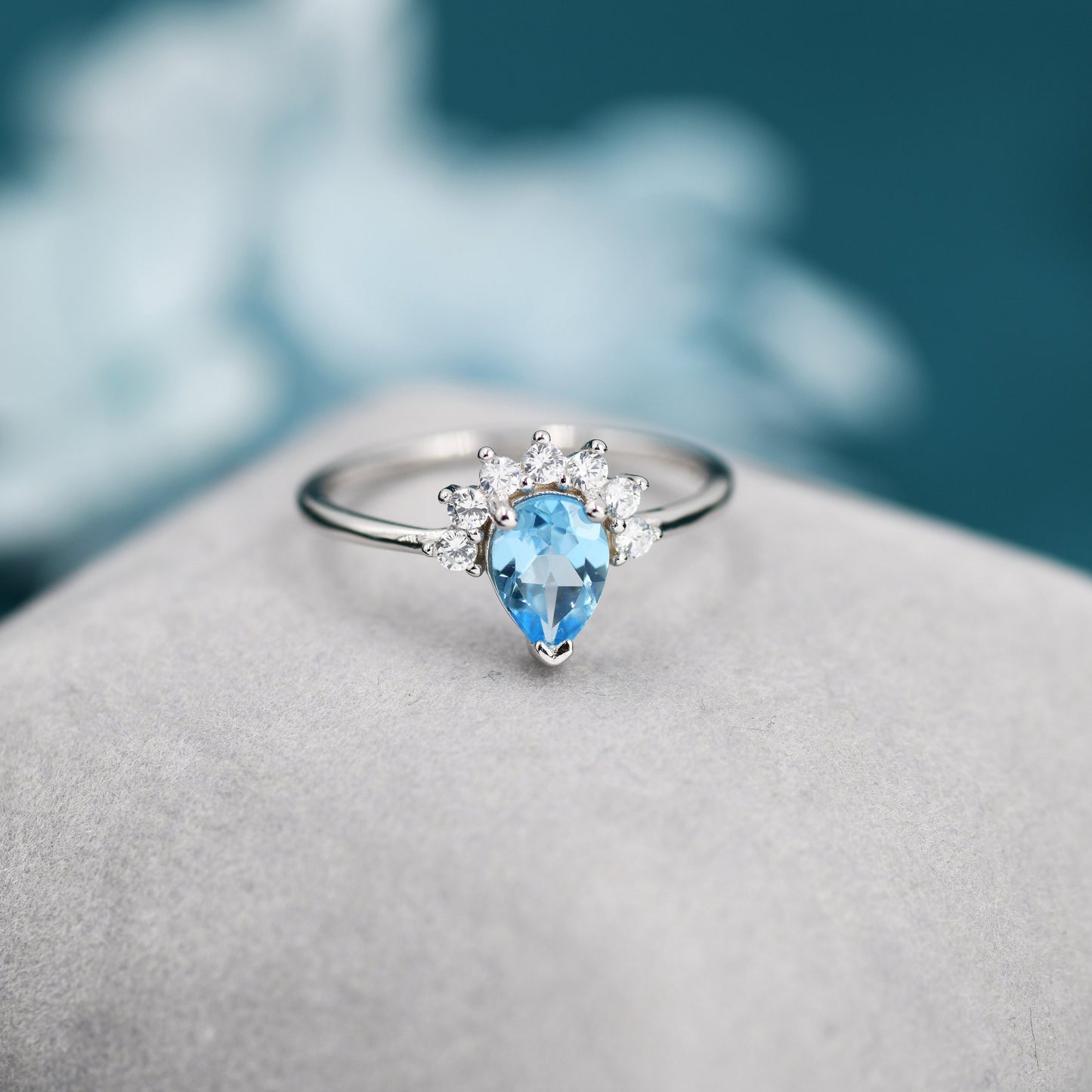 Genuine Pear Cut Swiss Blue Topaz Crown Ring in Sterling Silver, Natural Blue Topaz Crystal Ring, Vintage Inspired Design, US 5 - 8