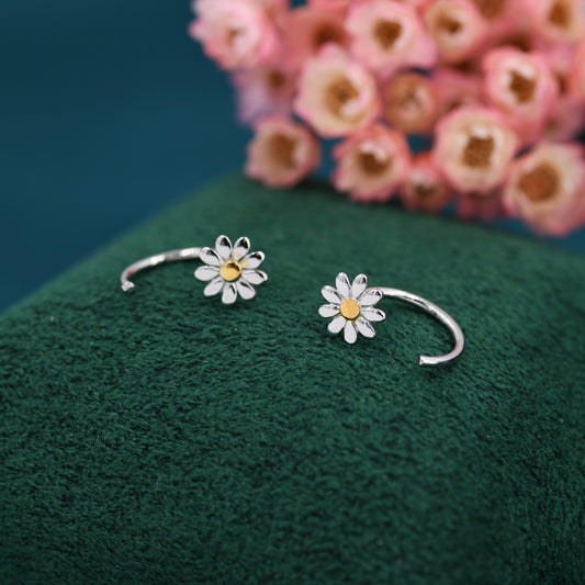 Daisy Flower Huggie Hoop Earrings in Sterling Silver, Two Sizes, Curved Post Earrings, Open Hoops,  Pull-Through Threader Earrings,