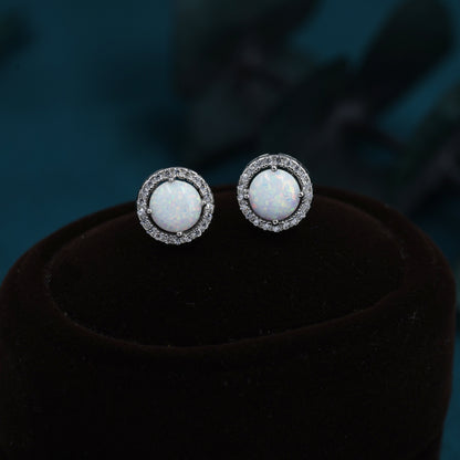 White Opal CZ Halo Stud Earrings in Sterling Silver - 8mm - Sustainable Lab Opal - Petite Stud Earrings