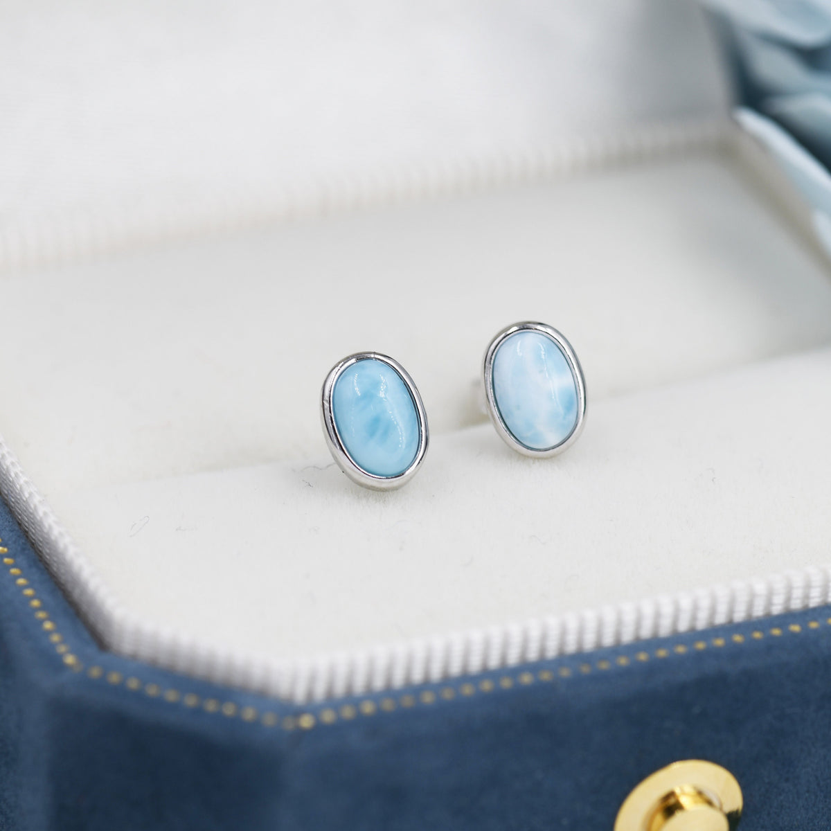 Genuine Larimar Stone Oval Stud Earrings in Sterling Silver, Blue Larimar Bezel Stud, Natural Semi-Precious Gemstones, Minimalist Earrings