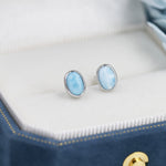 Genuine Larimar Stone Oval Stud Earrings in Sterling Silver, Blue Larimar Bezel Stud, Natural Semi-Precious Gemstones, Minimalist Earrings