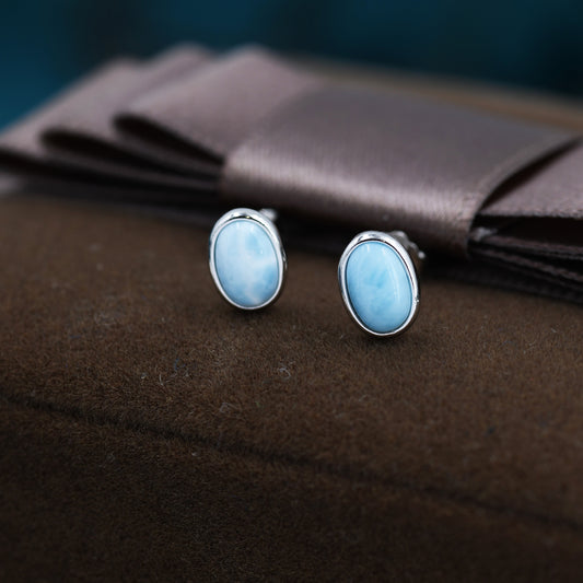 Genuine Larimar Stone Oval Stud Earrings in Sterling Silver, Blue Larimar Bezel Stud, Natural Semi-Precious Gemstones, Minimalist  Earrings