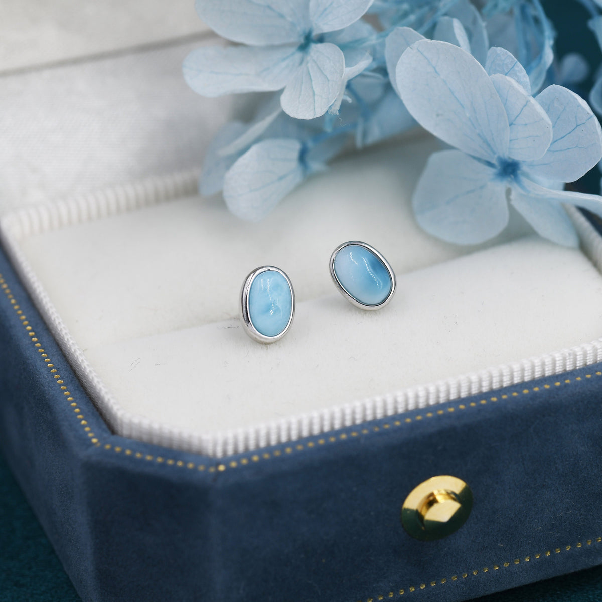 Genuine Larimar Stone Oval Stud Earrings in Sterling Silver, Blue Larimar Bezel Stud, Natural Semi-Precious Gemstones, Minimalist Earrings