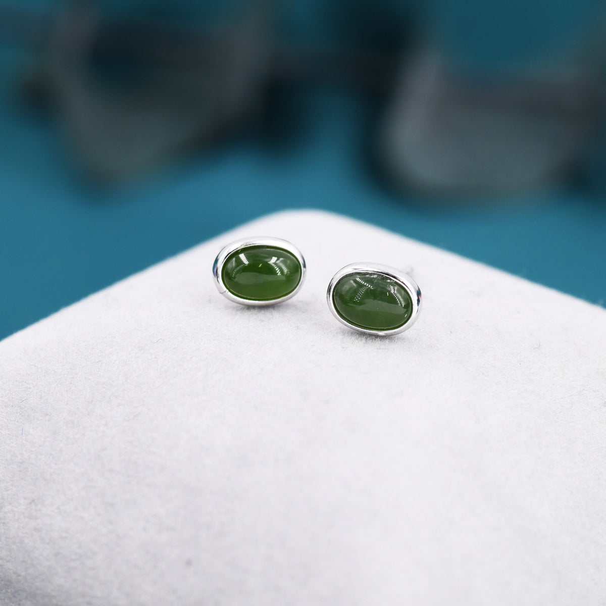 Genuine Green Japer Jade Stone Oval Stud Earrings in Sterling Silver, Jade Stud, Natural Jade Gemstones, Bezel, Minimalist Earrings