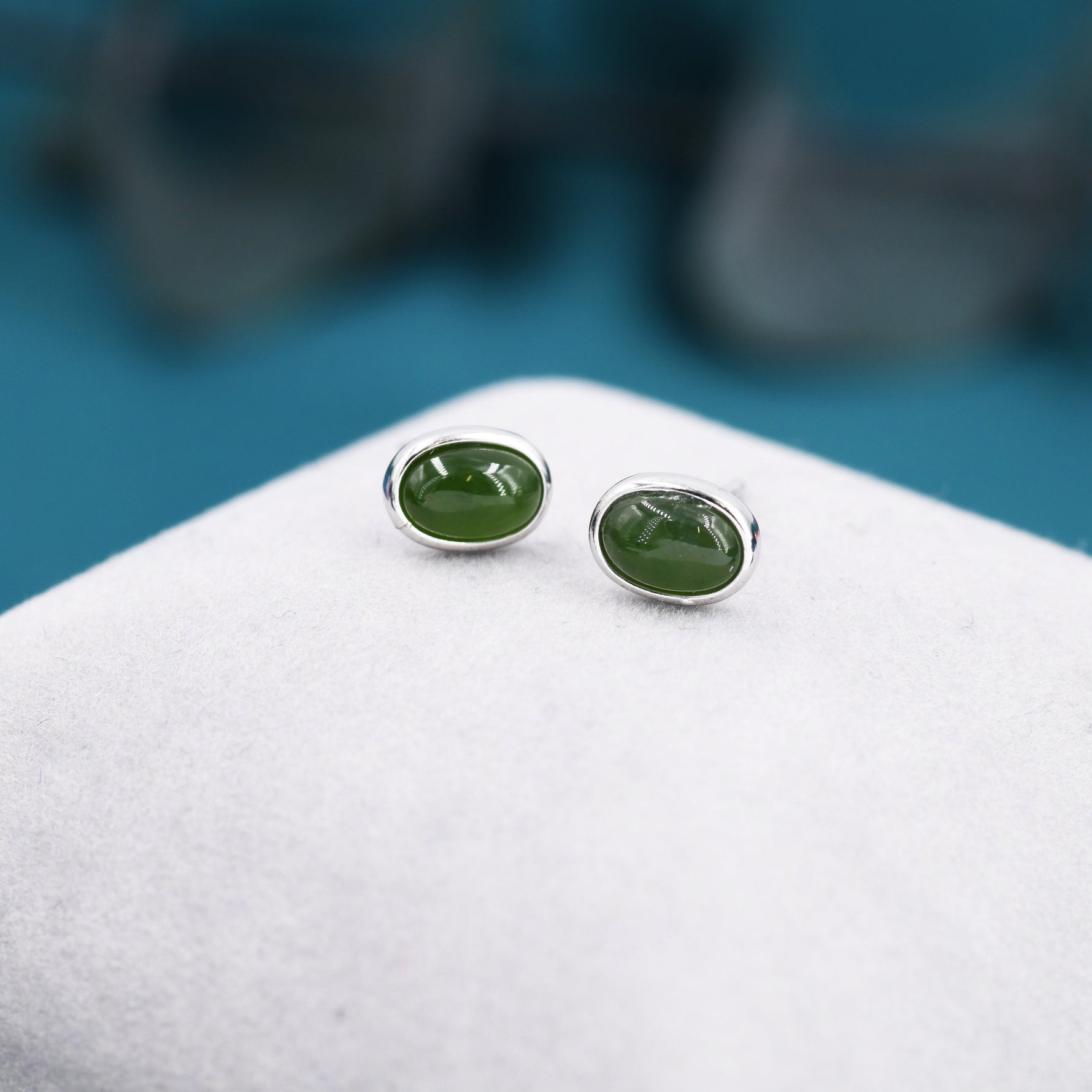 Genuine Green Japer Jade Stone Oval Stud Earrings in Sterling Silver, Jade Stud, Natural Jade Gemstones, Bezel, Minimalist Earrings