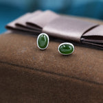 Genuine Green Japer Jade Stone Oval Stud Earrings in Sterling Silver, Jade Stud, Natural Jade Gemstones, Bezel, Minimalist Earrings