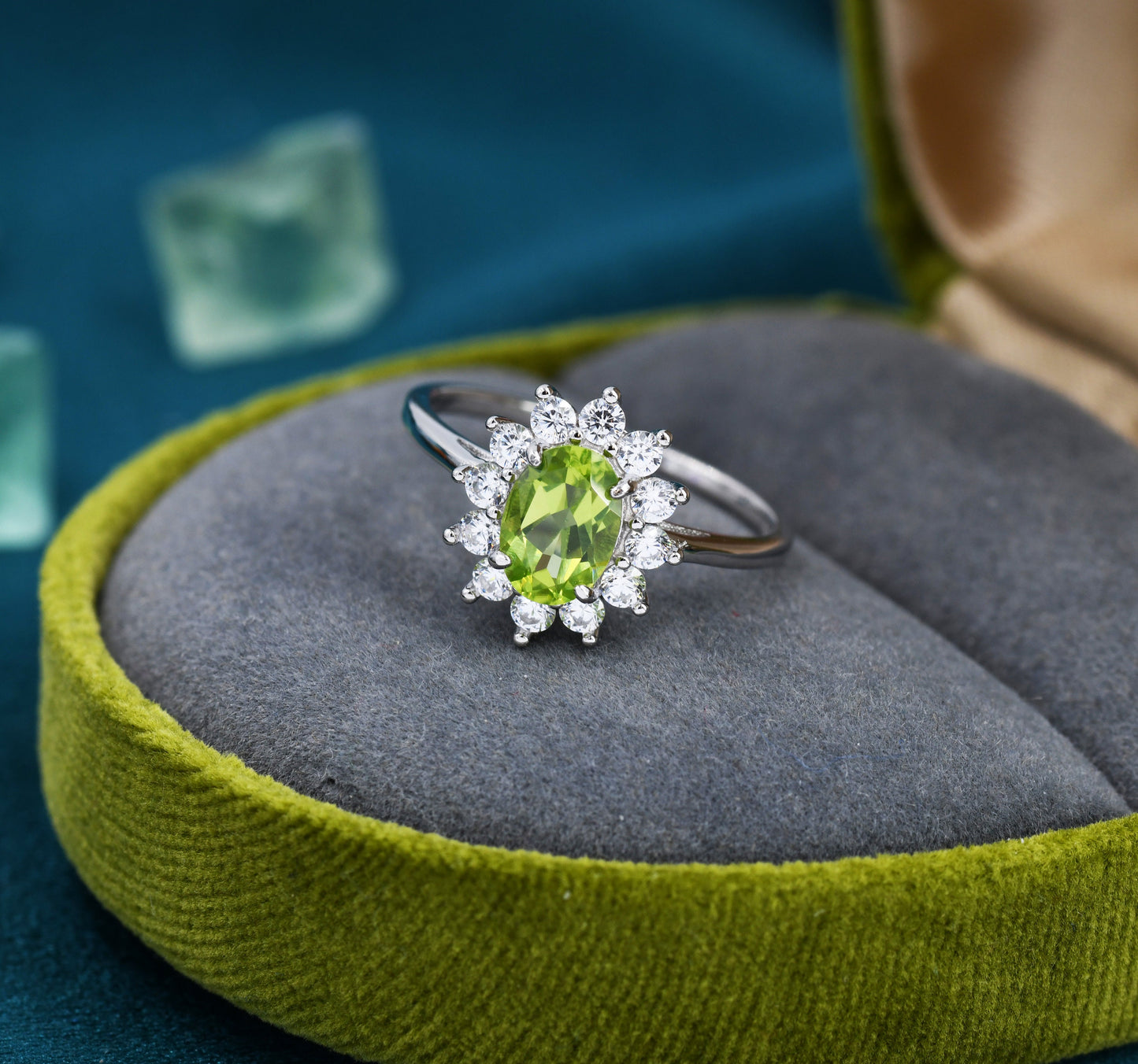 Genuine Peridot and CZ Halo Ring in Sterling Silver, Natural Peridot Stone Ring, Stacking Rings, US 5-8