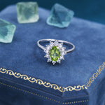 Genuine Peridot and CZ Halo Ring in Sterling Silver, Natural Peridot Stone Ring, Stacking Rings, US 5-8
