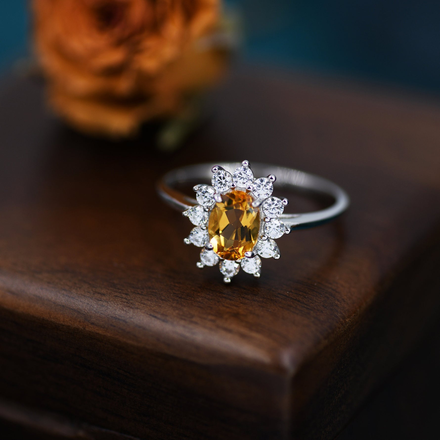 Genuine Citrine and CZ Halo Ring in Sterling Silver, Natural Citrine Stone Ring, Stacking Rings, US 5-8