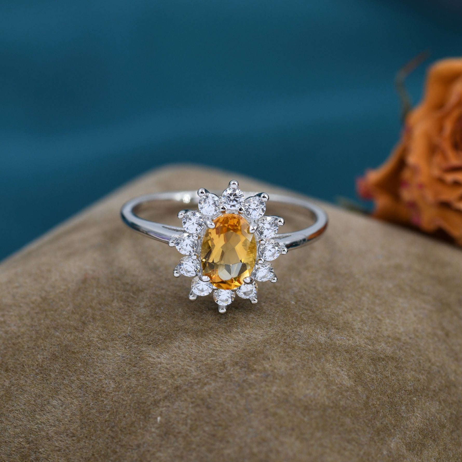 Genuine Citrine and CZ Halo Ring in Sterling Silver, Natural Citrine Stone Ring, Stacking Rings, US 5-8