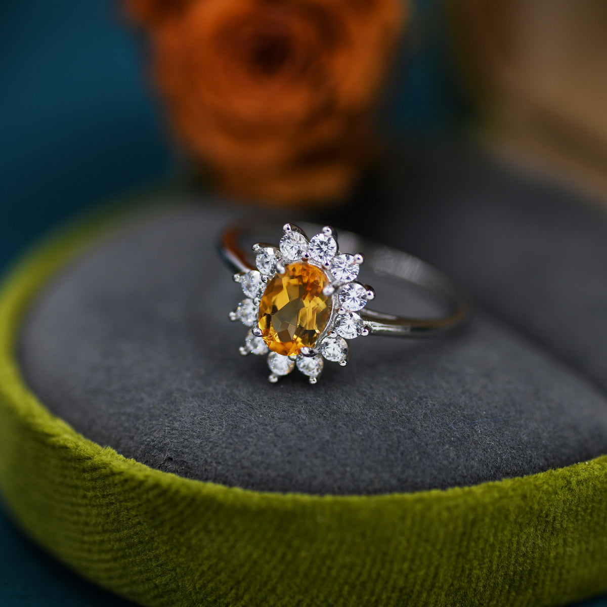Genuine Citrine and CZ Halo Ring in Sterling Silver, Natural Citrine Stone Ring, Stacking Rings, US 5-8