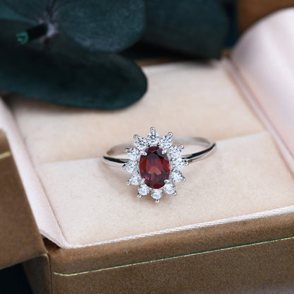 Genuine Garnet and CZ Halo Ring in Sterling Silver, Natural Garnet Stone Ring, Stacking Rings, US 5-8