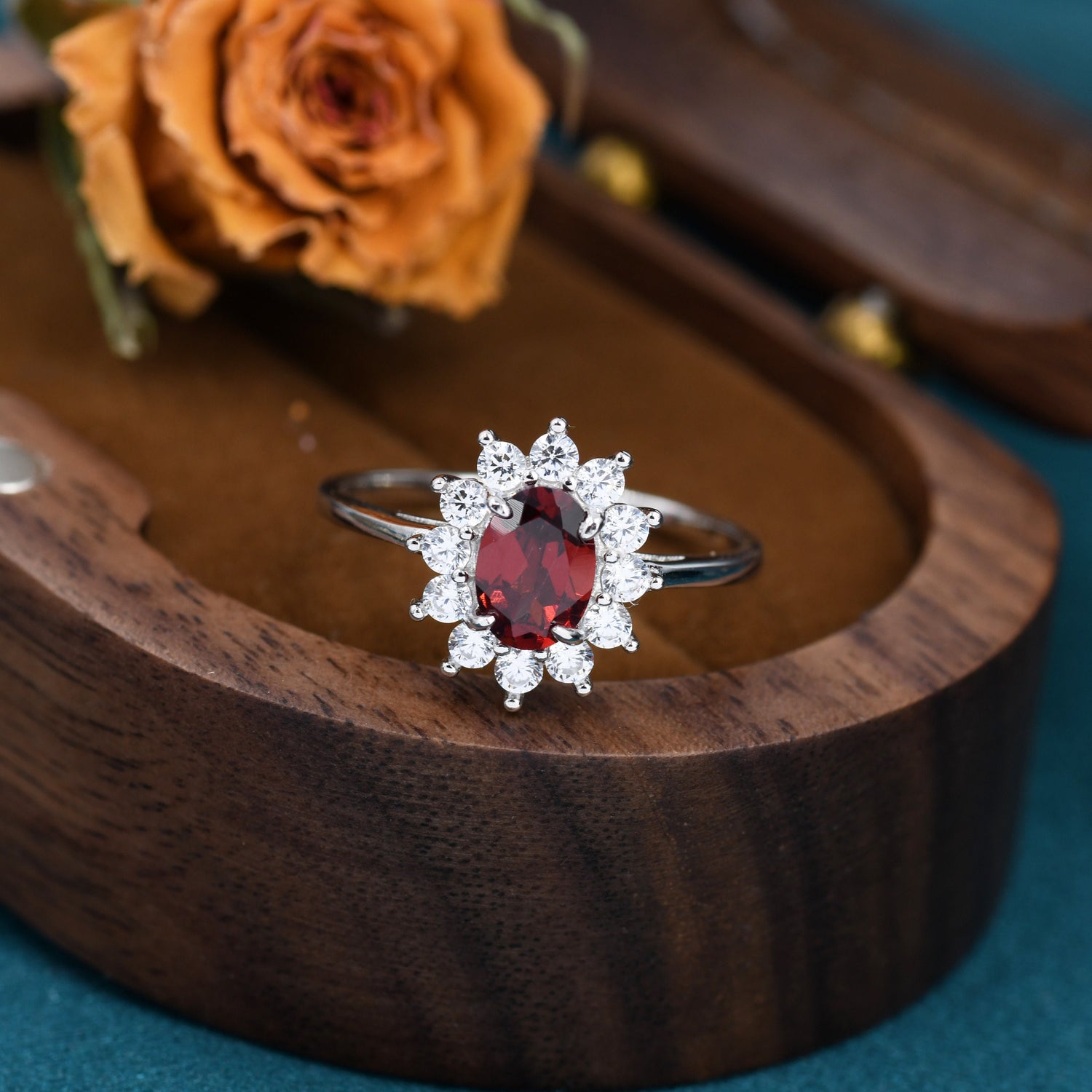 Genuine Garnet and CZ Halo Ring in Sterling Silver, Natural Garnet Stone Ring, Stacking Rings, US 5-8