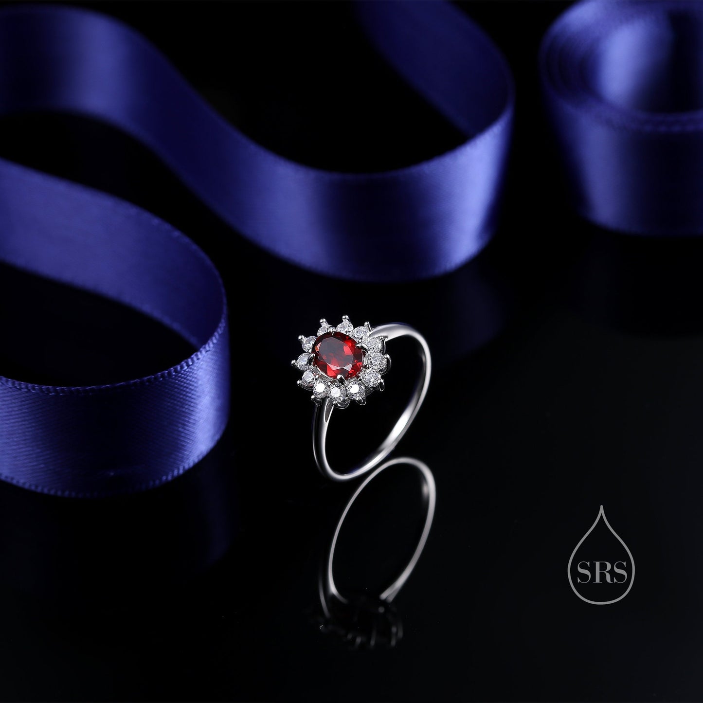 Genuine Garnet and CZ Halo Ring in Sterling Silver, Natural Garnet Stone Ring, Stacking Rings, US 5-8