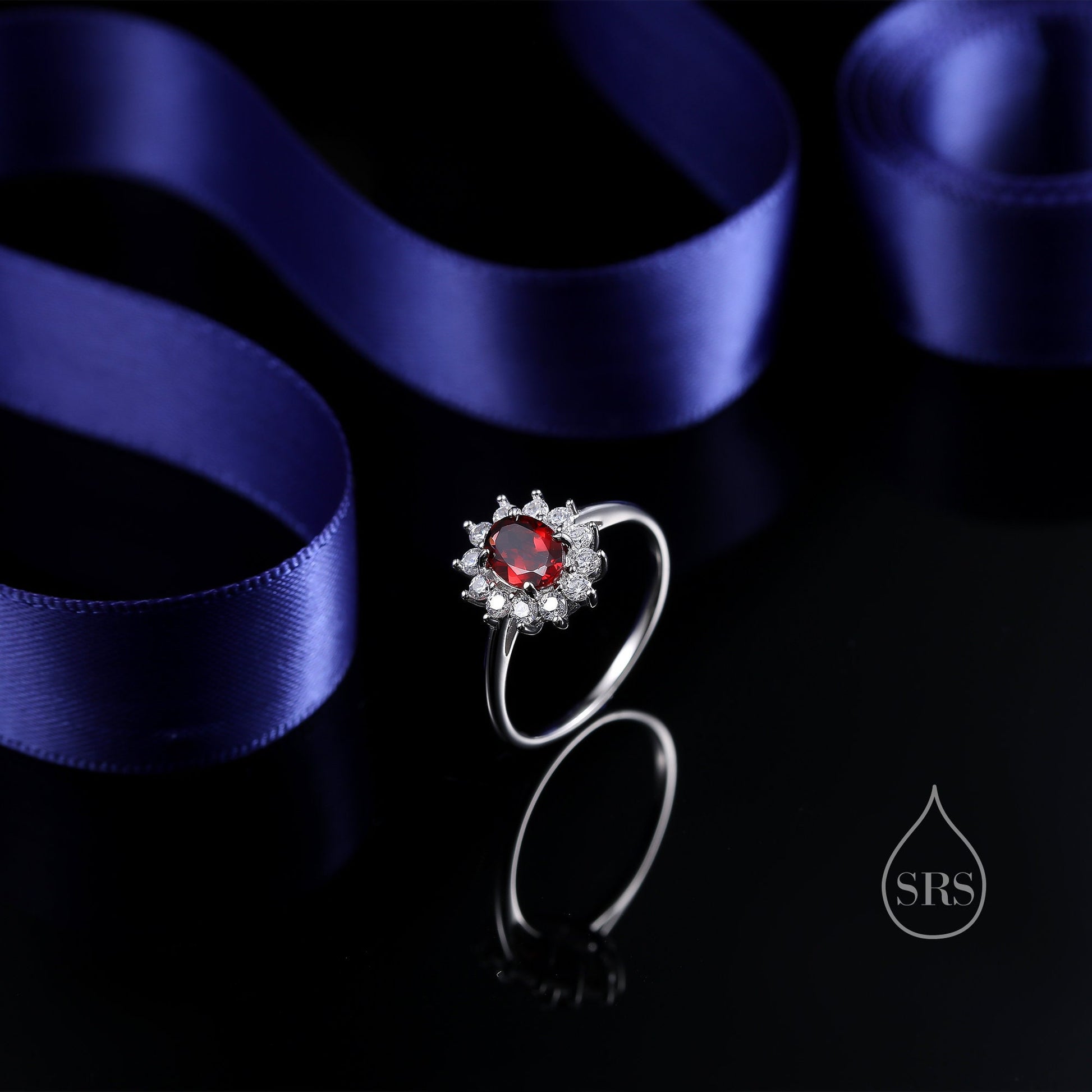 Genuine Garnet and CZ Halo Ring in Sterling Silver, Natural Garnet Stone Ring, Stacking Rings, US 5-8