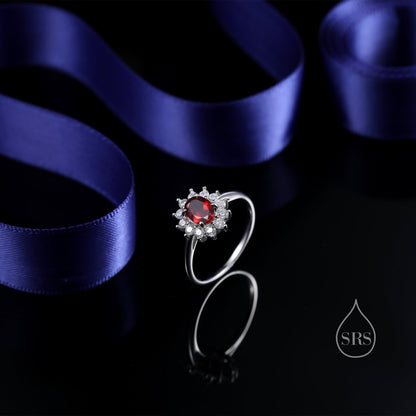 Genuine Garnet and CZ Halo Ring in Sterling Silver, Natural Garnet Stone Ring, Stacking Rings, US 5-8