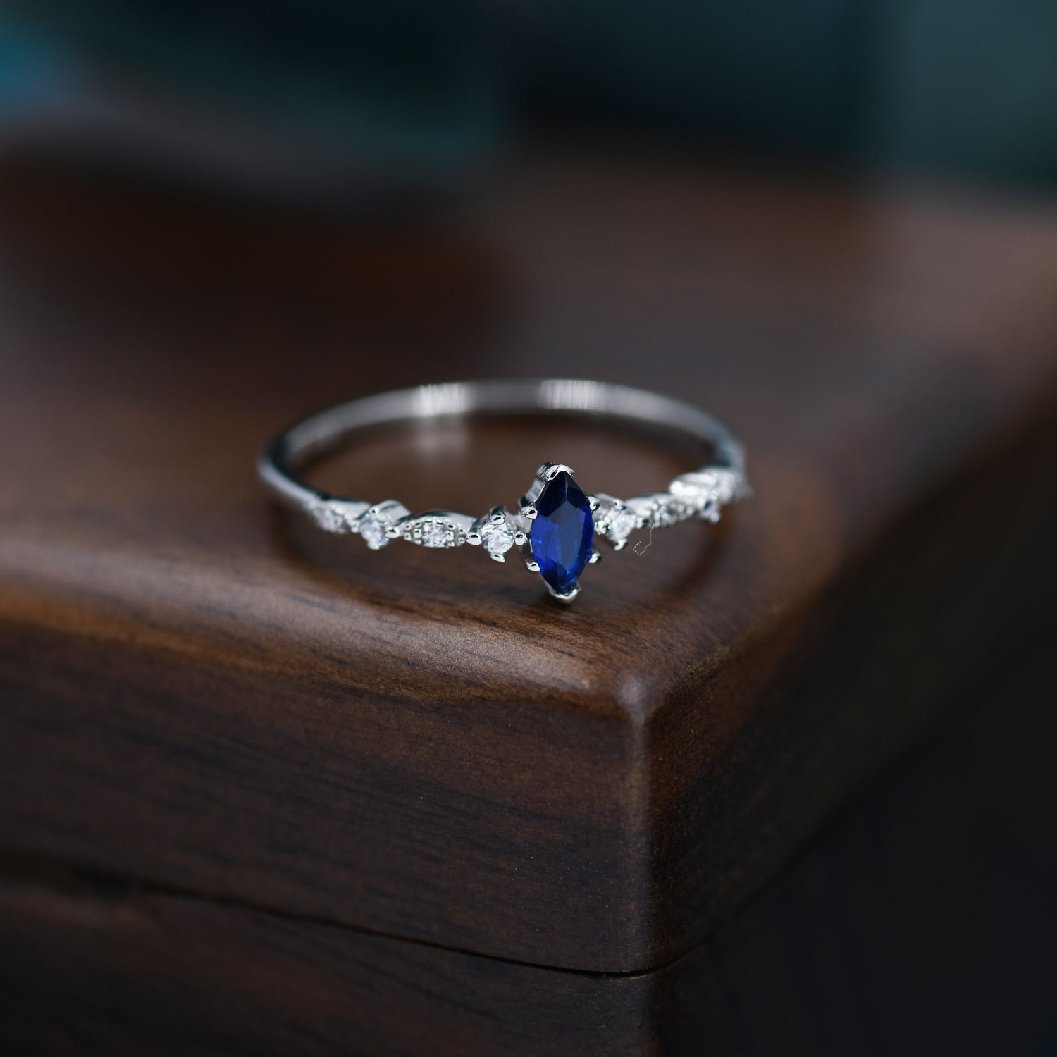 Vintage Inspired Sapphire Blue CZ Ring in Sterling Silver, Marquise Ring, Delicate Sapphire Ring, Size US 5 - 8