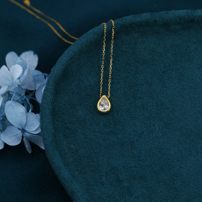 Pear Cut CZ Necklace in Sterling Silver, Gold over Sterling Silver, Diamond CZ, April Birthstone, Droplet Necklace, Droplet CZ Necklace