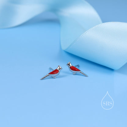 Enamel Cardinal Bird Stud Earrings in Sterling Silver, Tiny Bird Earrings, Silver Bird Earrings, Silver Bird Earrings