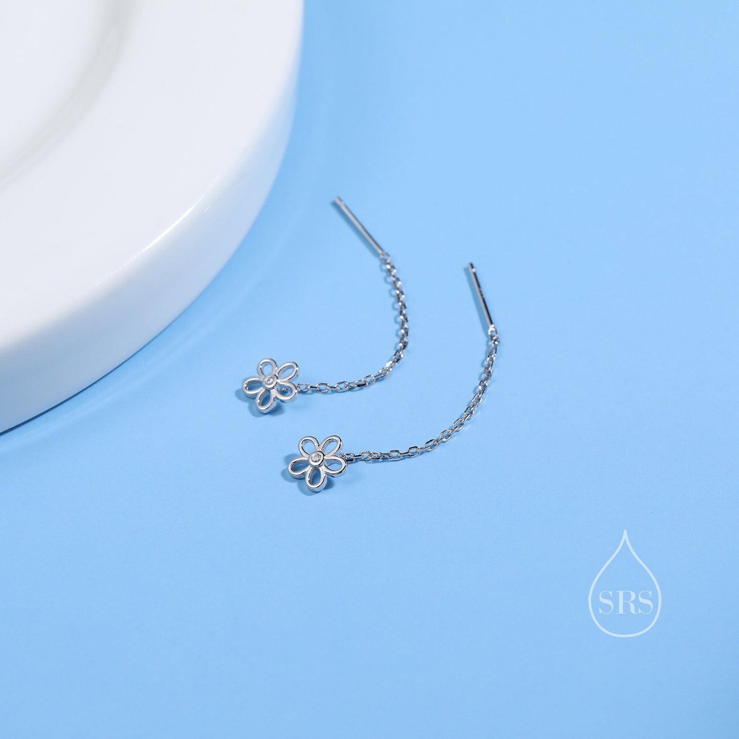 Sterling Silver Tiny Forget Me Not Flower Ear Threaders, Flower Threader Earrings, Daily Dangle Earrings, Daisy Earrings