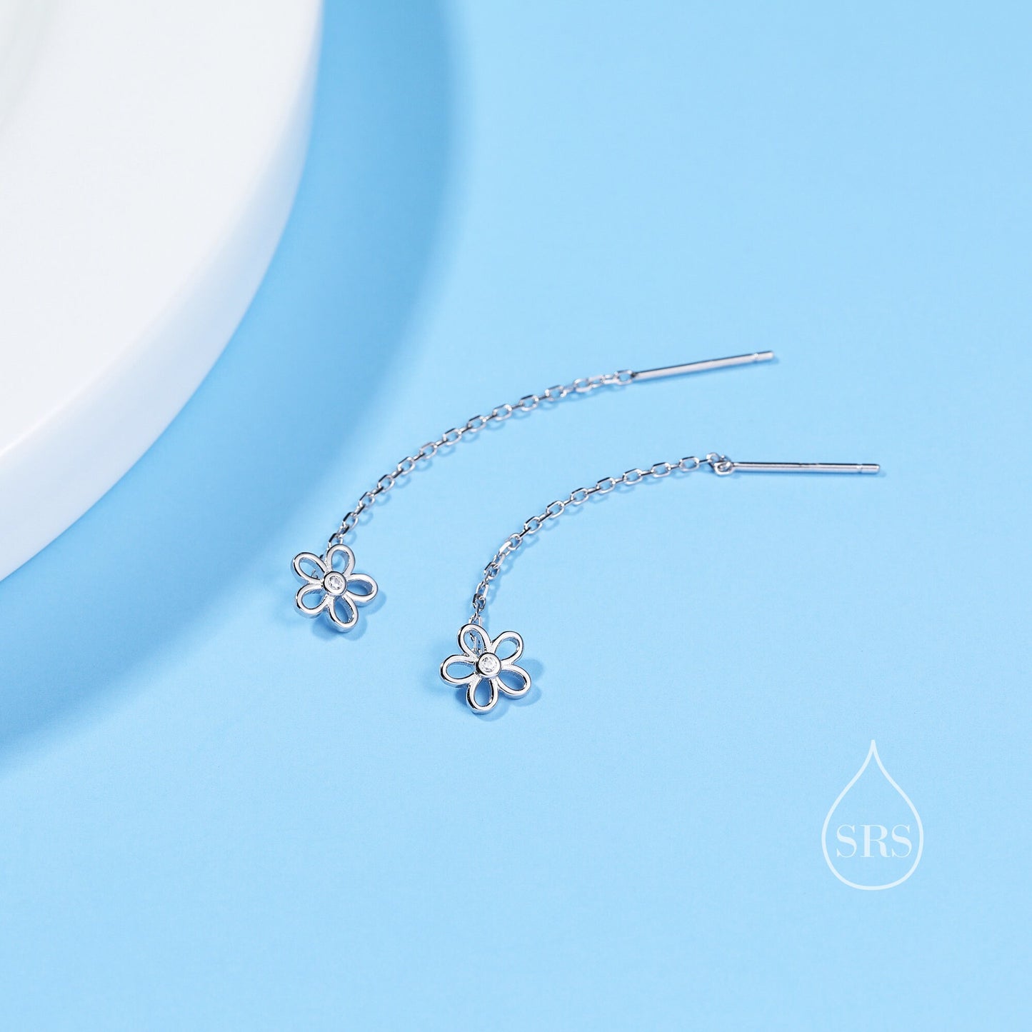 Sterling Silver Tiny Forget Me Not Flower Ear Threaders, Flower Threader Earrings, Daily Dangle Earrings, Daisy Earrings