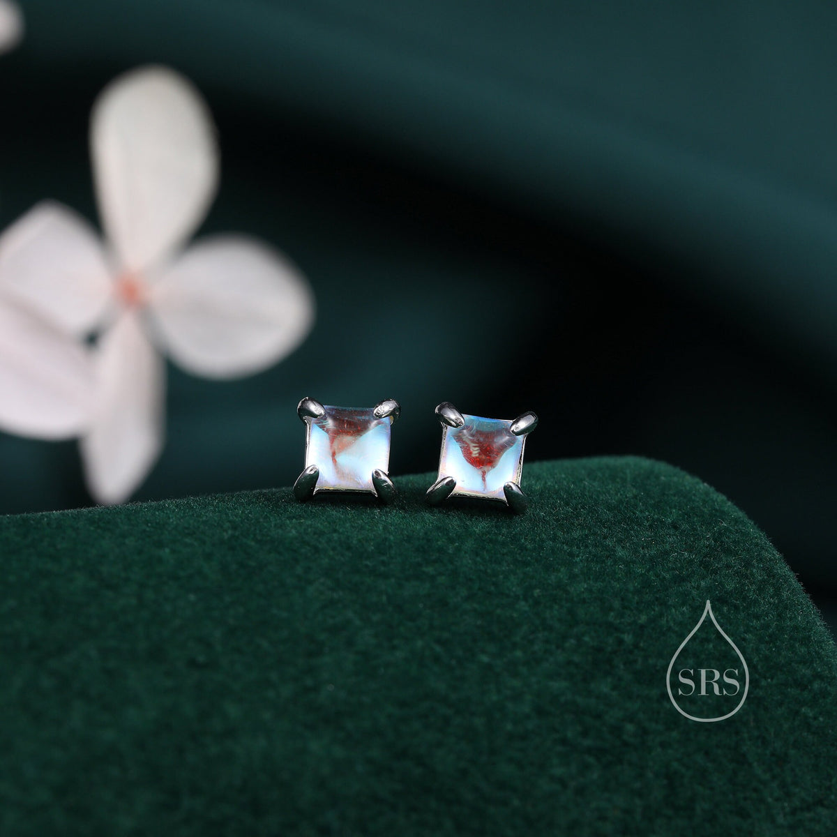 Sterling Silver Moonstone Square Stud Earrings, Prong Set, Mermaid Colour Earrings, Simulated Moonstone Glass Earrings, Minimalist