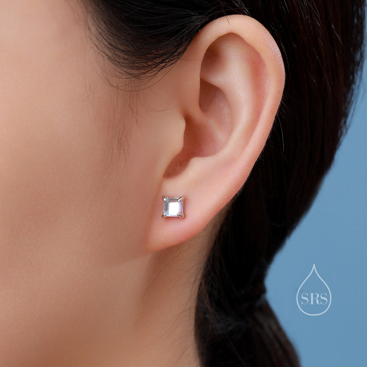 Sterling Silver Moonstone Square Stud Earrings, Prong Set, Mermaid Colour Earrings, Simulated Moonstone Glass Earrings, Minimalist
