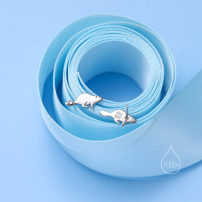 Dainty Beaver Stud Earrings in Sterling Silver, Silver or Gold or Rose Gold, Tiny Silver Beaver Earrings