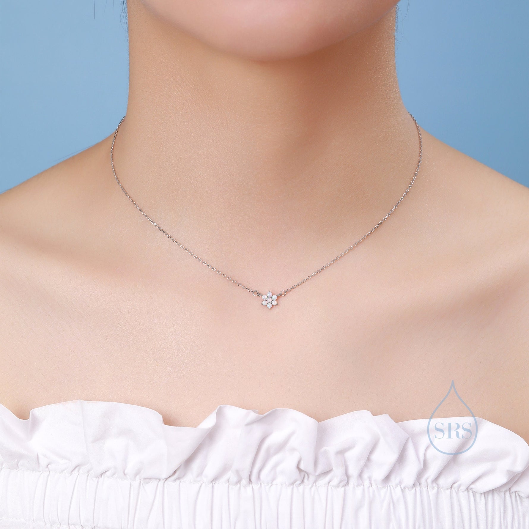 Extra Tiny Fire Opal Flower CZ Pendant Necklace in Sterling Silver, October Birthstone Necklace, Tiny Opal Necklace, Opal Snowflake Necklace