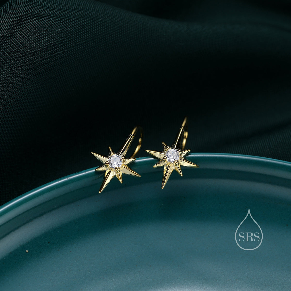 Starburst Hook Earrings in Sterling Silver, Silver, Gold or Rose Gold, North Star Earrings, Sunburst Earrings, Celestial Jewellery