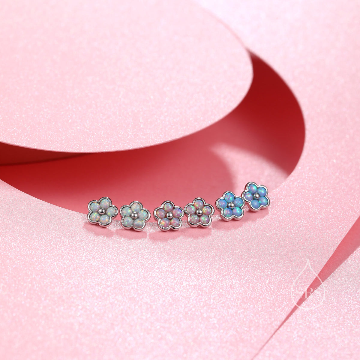 Blue Opal Flower Stud Earrings in Sterling Silver - Gold or Silver - Opal Forget-me-not - Opal Cluster - Petite Stud Earrings, Fire Opal