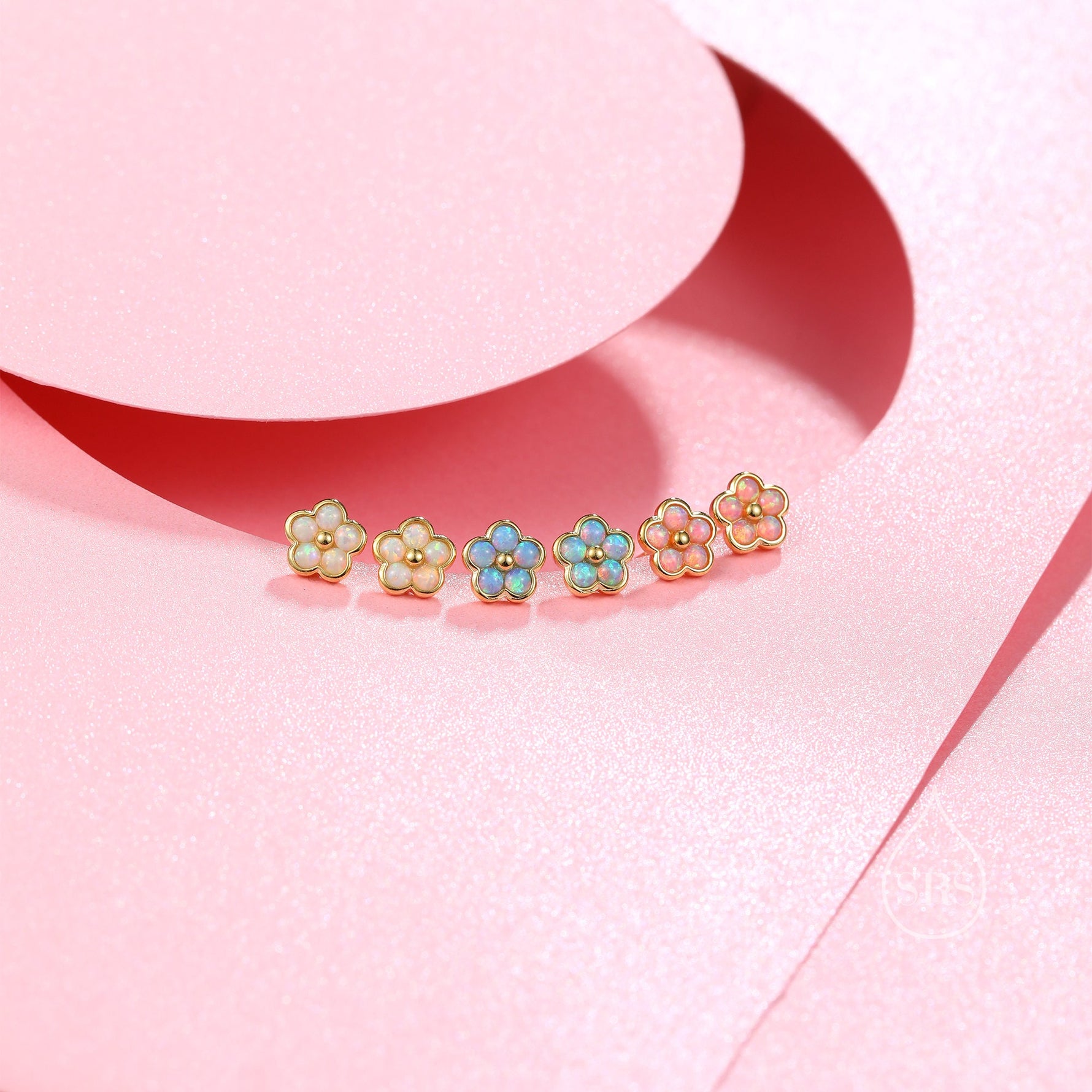 Pink Opal Flower Stud Earrings in Sterling Silver - Gold or Silver - Opal Forget-me-not - Opal Cluster - Petite Stud Earrings, Fire Opal