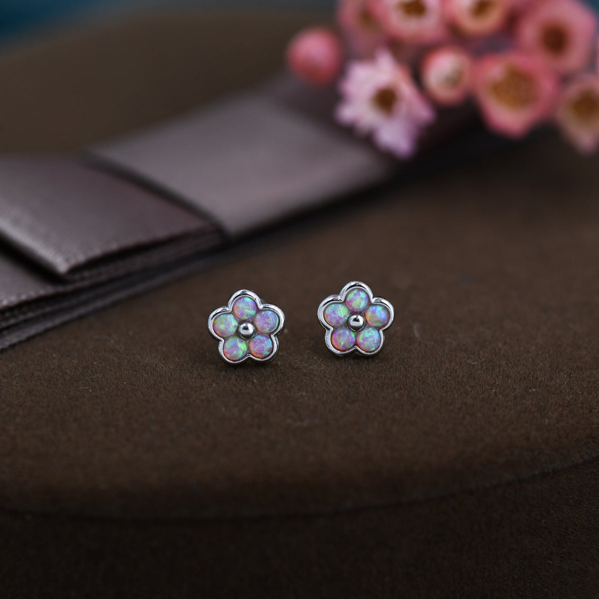Pink Opal Flower Stud Earrings in Sterling Silver - Gold or Silver - Opal Forget-me-not - Opal Cluster - Petite Stud Earrings, Fire Opal
