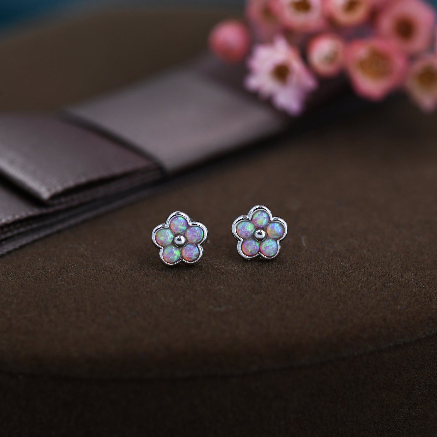Pink Opal Flower Stud Earrings in Sterling Silver - Gold or Silver - Opal Forget-me-not - Opal Cluster - Petite Stud Earrings, Fire Opal