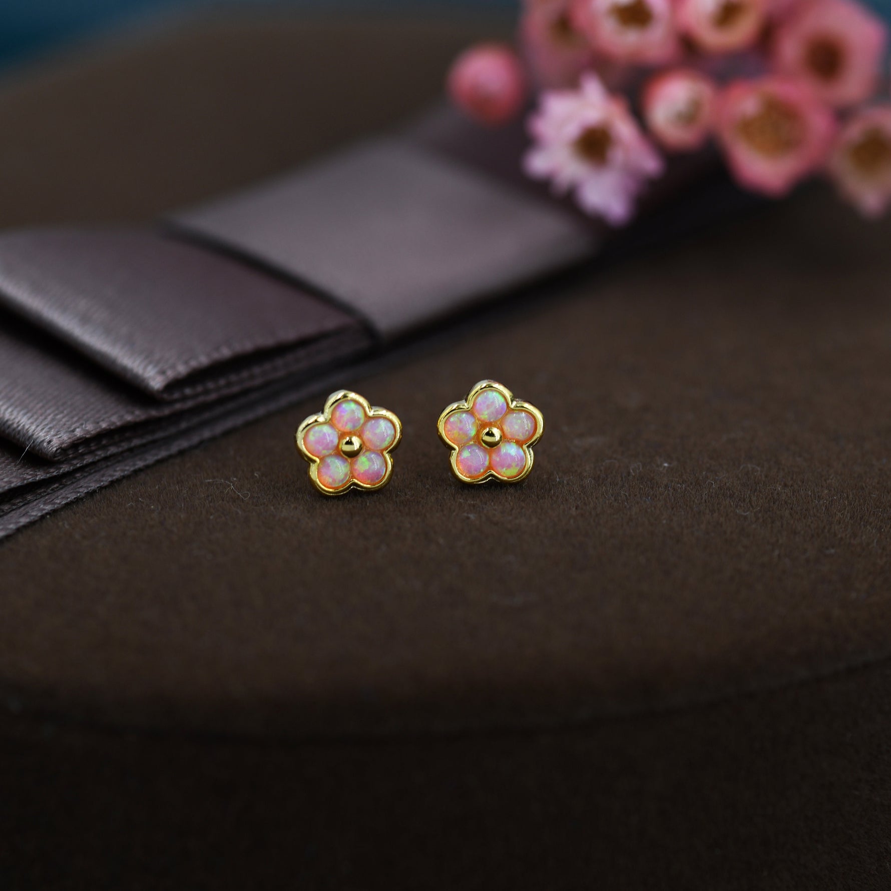 Pink Opal Flower Stud Earrings in Sterling Silver - Gold or Silver - Opal Forget-me-not - Opal Cluster - Petite Stud Earrings, Fire Opal
