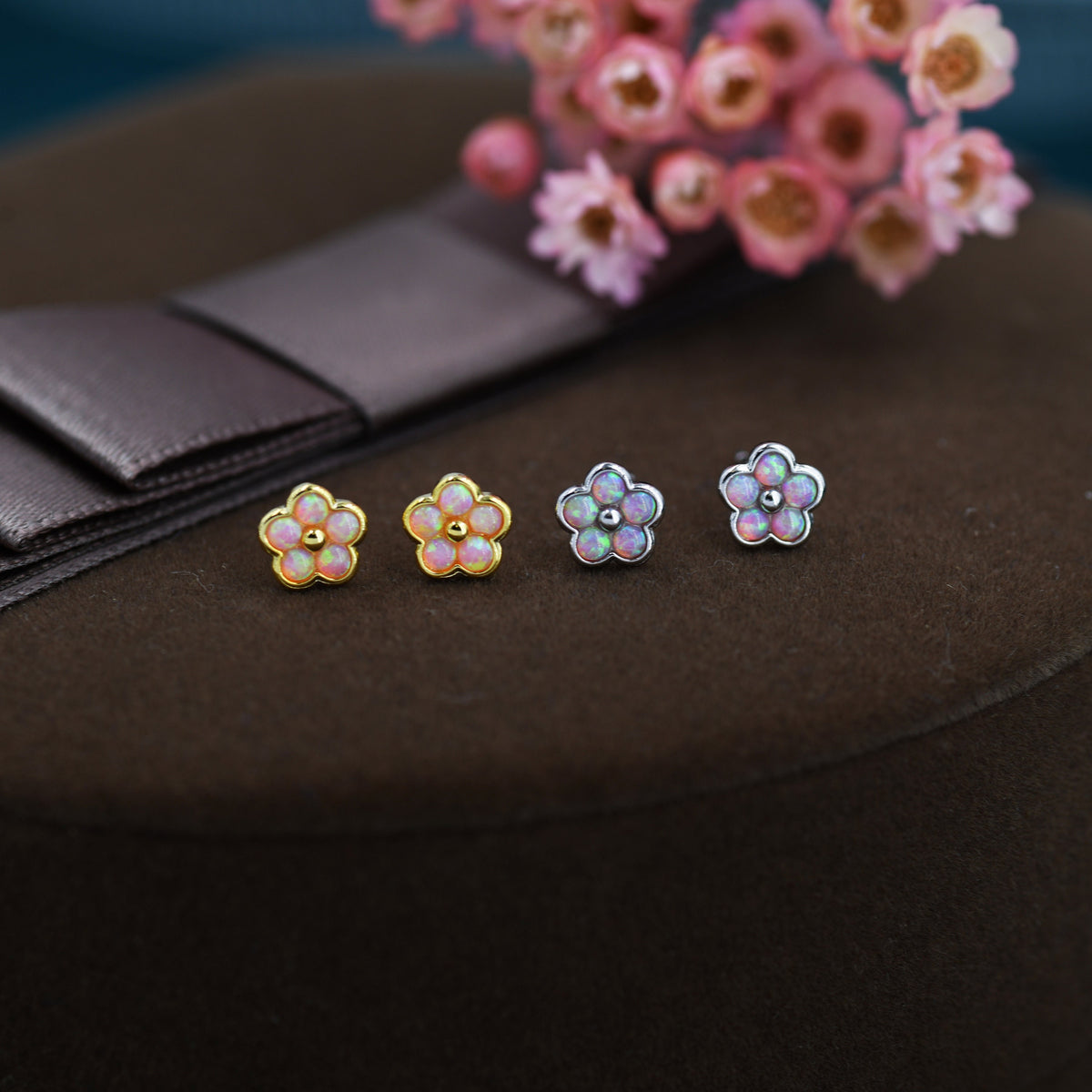 Pink Opal Flower Stud Earrings in Sterling Silver - Gold or Silver - Opal Forget-me-not - Opal Cluster - Petite Stud Earrings, Fire Opal