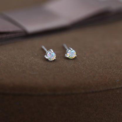 Aurora AB Crystal Tiny CZ Stud Earrings in Sterling Silver, 3mm Colour Changing Crystals, Extra Small