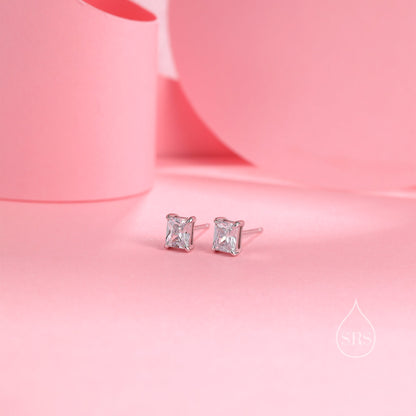 Emerald Cut Diamond CZ Stud Earrings in Sterling Silver,  Silver or Gold, Square Cut Crystal Earrings, April Birthstone