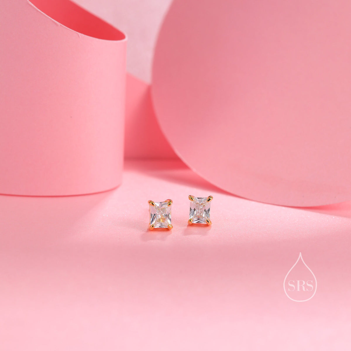 Emerald Cut Diamond CZ Stud Earrings in Sterling Silver, Silver or Gold, Square Cut Crystal Earrings, April Birthstone