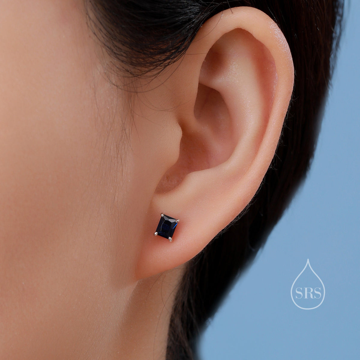 Emerald Cut Sapphire Blue CZ Stud Earrings in Sterling Silver, Silver or Gold, Square Cut Crystal Earrings, September Birthstone