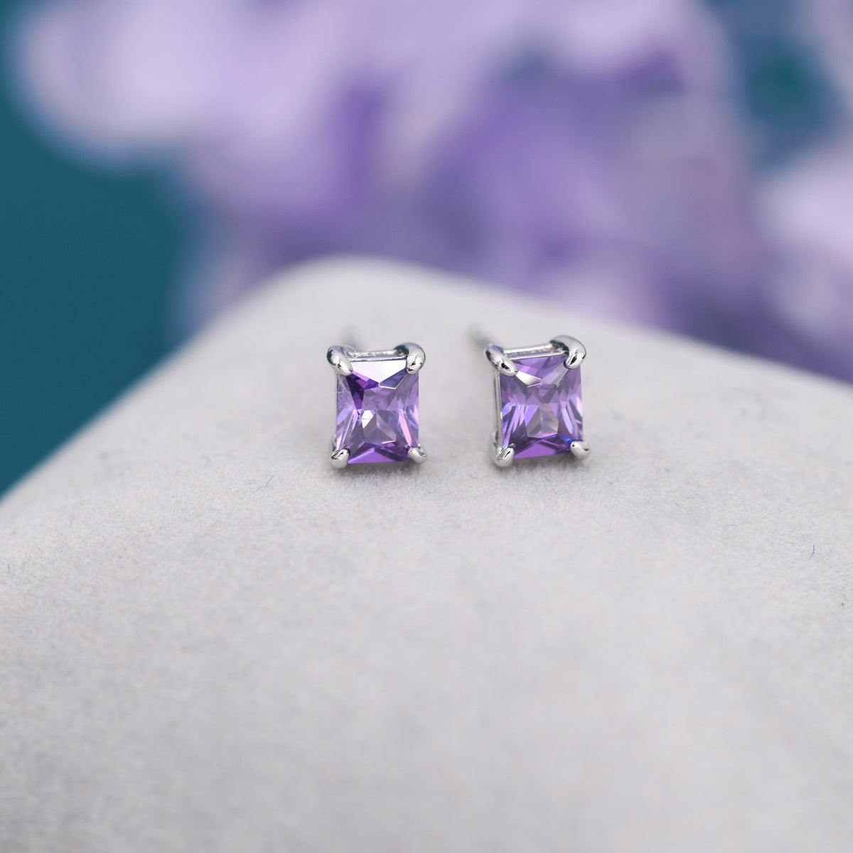Emerald Cut Amethyst Purple CZ Stud Earrings in Sterling Silver, Silver or Gold, Square Cut Crystal Earrings, February Birthstone